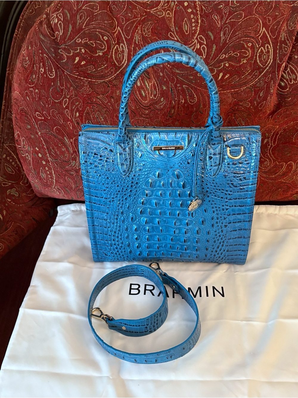 Brahmin Caroline Vibrant Azure Melbourne Croc-Embossed Satchel - Picture 2 of 8